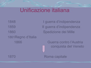Unificazione italiana
1848                  I guerra d’indipendenza
1859                 II guerra d’indipendenza
1860                  Spedizione dei Mille
1861Regno d’Italia
    1866                Guerra contro l’Austria
                         conquista del Veneto

1870                  Roma capitale
 