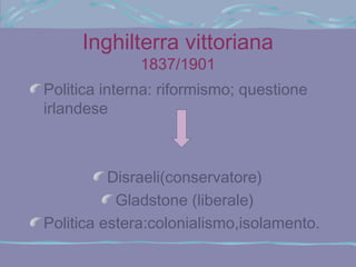 Inghilterra vittoriana
              1837/1901
Politica interna: riformismo; questione
irlandese



          Disraeli(conservatore)
           Gladstone (liberale)
Politica estera:colonialismo,isolamento.
 