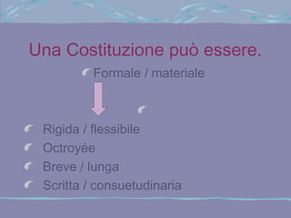 Una Costituzione può essere.
          Formale / materiale



 Rigida / flessibile
 Octroyée
 Breve / lunga
 Scritta / consuetudinaria
 