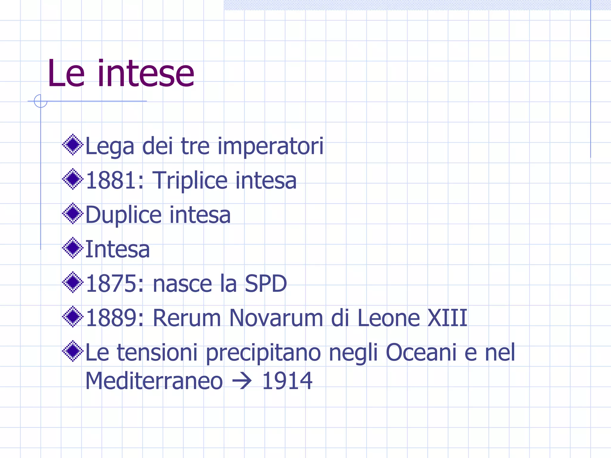 Le intese Lega dei tre imperatori 1881: Triplice intesa Duplice intesa Intesa  1875: nasce la SPD 1889: Rerum Novarum di Leone XIII Le tensioni precipitano negli Oceani e nel Mediterraneo    1914 