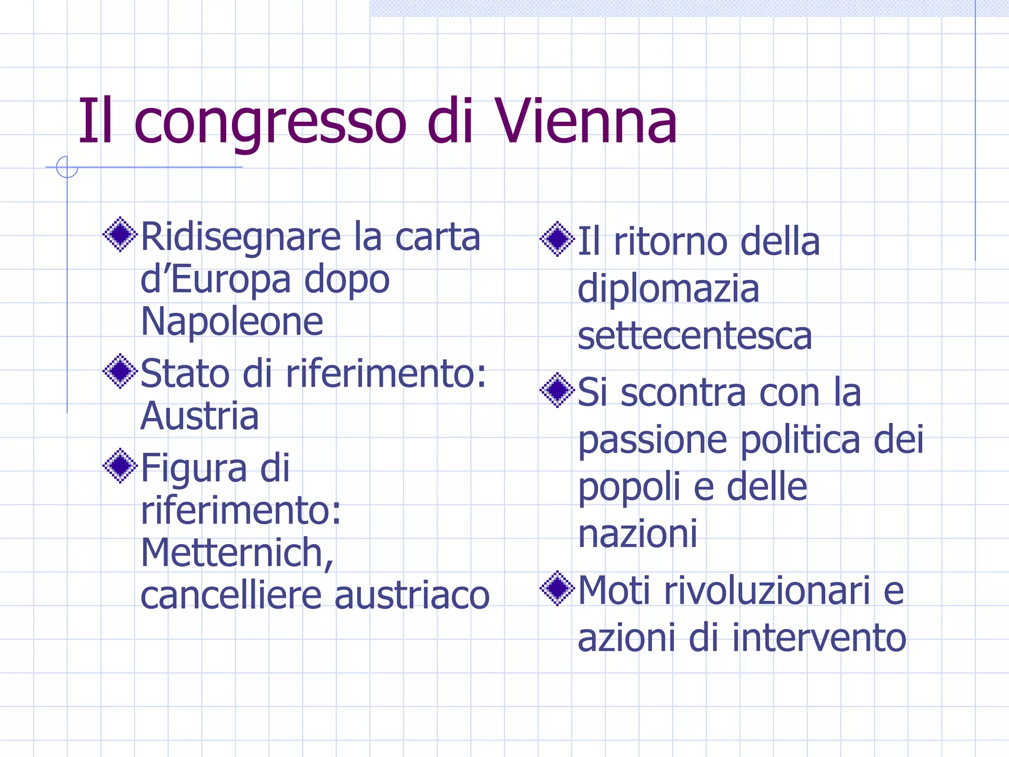 Il congresso di Vienna Ridisegnare la carta d’Europa dopo Napoleone Stato di riferimento: Austria Figura di riferimento: Metternich, cancelliere austriaco Il ritorno della diplomazia settecentesca Si scontra con la passione politica dei popoli e delle nazioni Moti rivoluzionari e azioni di intervento 