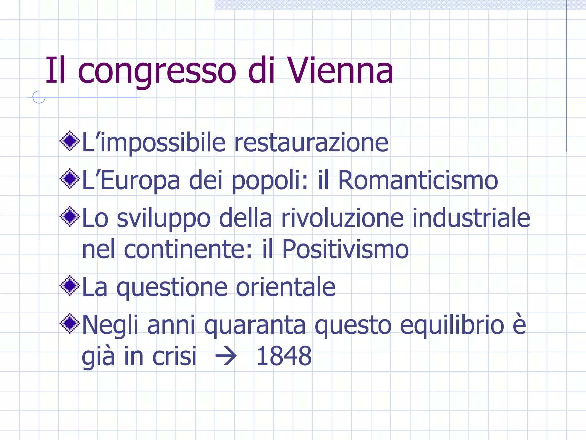 Il congresso di Vienna L’impossibile restaurazione L’Europa dei popoli: il Romanticismo Lo sviluppo della rivoluzione industriale nel continente: il Positivismo La questione orientale Negli anni quaranta questo equilibrio è già in crisi     1848 