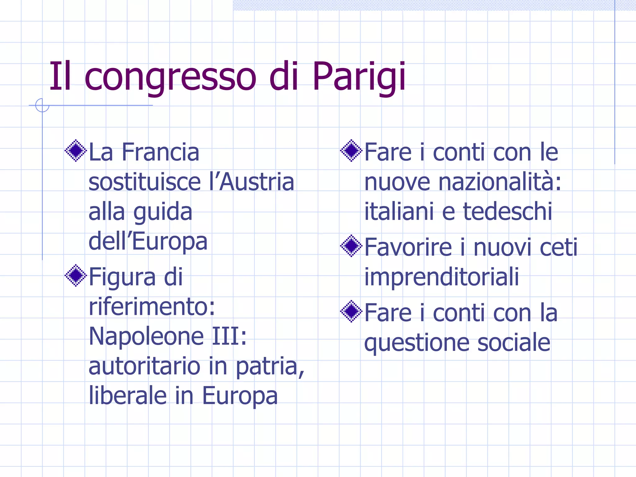 Il congresso di Parigi La Francia sostituisce l’Austria alla guida dell’Europa Figura di riferimento: Napoleone III: autoritario in patria, liberale in Europa Fare i conti con le nuove nazionalità: italiani e tedeschi Favorire i nuovi ceti imprenditoriali Fare i conti con la questione sociale 