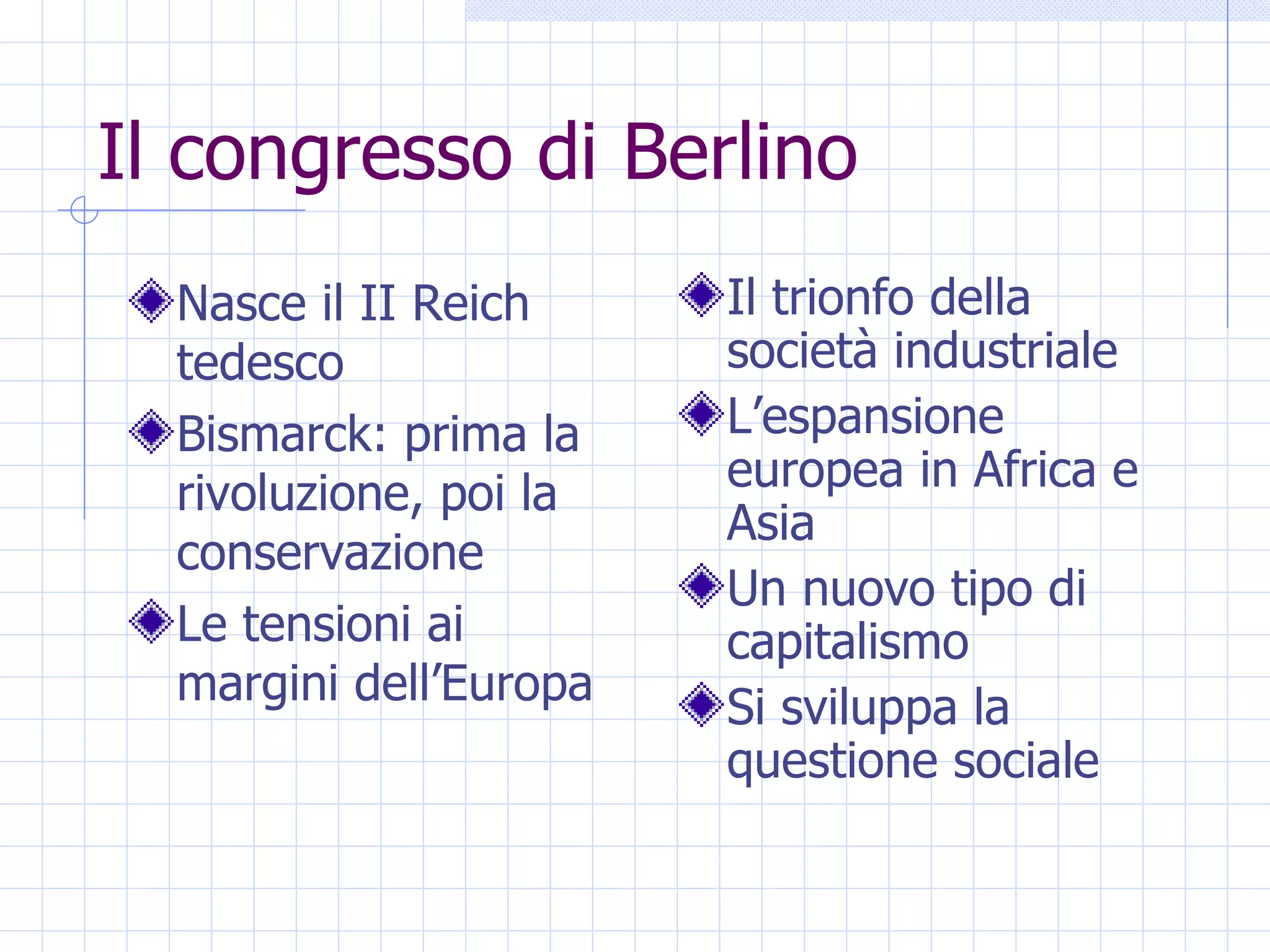 Il congresso di Berlino Nasce il II Reich tedesco Bismarck: prima la rivoluzione, poi la conservazione Le tensioni ai margini dell’Europa Il trionfo della società industriale L’espansione europea in Africa e Asia Un nuovo tipo di capitalismo Si sviluppa la questione sociale 