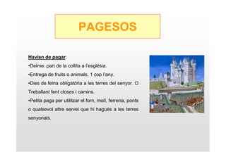 PAGESOS

Havien de pagar:
•Delme: part de la collita a l’església.
•Entrega de fruits o animals. 1 cop l’any.
•Dies de feina obligatòria a les terres del senyor. O
Treballant fent closes i camins.
•Petita paga per utilitzar el forn, molí, ferreria, ponts
o qualsevol altre servei que hi hagués a les terres
senyorials.
 