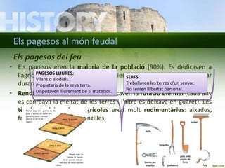 Els pagesos al món feudal 
Els pagesos del feu 
• Els pagesos eren la majoria de la població (90%). Es dedicaven a 
PAGESOS LLIURES: 
Vilans o alodials. 
Propietaris de la seva terra. 
Disposaven lliurement de si mateixos. 
l’agricultura i la ramaderia. No tenien privilegis i havien de treballar 
durament per a sobreviure. 
SERFS: 
Treballaven les terres d’un senyor. 
No tenien llibertat personal. 
• Rendiment de la terra escàs. Practicaven la rotació biennal (cada any 
es conreava la meitat de les terres i l’altre es deixava en guaret). Les 
tècniques i les eines agrícoles eren molt rudimentàries: aixades, 
falçs, rampins i arades senzilles. 
 