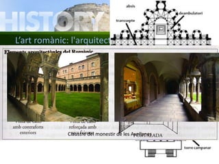 L’art romànic: l'arquitectura 
Les esglésies romàniques 
• L’element essencial d’una església romànica és la planta d’un únic 
braç amb una o tres naus. Aviat es va afegir un braç més curt, el 
transsepte, que donava a les esglésies una forma de creu llatina. Es 
van aixecar voltes de canó sòlides per donar consistència als edificis. 
Per reforçar els murs que sostenien les voltes de pedra s’hi 
adossaven contraforts sòlids a les parets exteriors. També era 
habitual col·locar una torre campanar a l’exterior. Als monestir es van 
construir claustres. 
Claustre del monestir de les Avellanes 
 