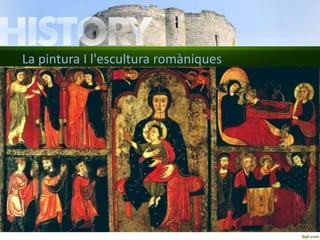 La pintura I l'escultura romàniques 
Frescos i taules 
• La pintura romànica té una gran força expressiva, tot i que la tècnica 
és molt senzilla. Els dibuixos, personatges o objectes, eren traçats per 
gruixudes línies negres i el color s'estenia de manera uniforme. 
• Els motius més utilitzats eren representacions del Pantocràtor, 
escenes bíbliques, dels evangelis o episodis de la vida dels sants. 
• La tècnica que habitualment s'utilitzava per a la realització de murals 
era la pintura al fresc. Al costat dels murals, altres manifestacions de 
la pintura romànica van ser les taules dels altars i les miniatures. 
 