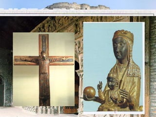 La pintura I l'escultura romàniques 
Una escultura al servei de l’arquitectura 
• L'escultura romànica que es realitzava sobre pedra presentava una forta 
dependència de l'arquitectura, sobretot de la religiosa. 
• Dins de les esglésies són molt importants les escultures que trobem als 
capitells de les columnes o pilars i les portalades. 
• Al costat dels motius religiosos en les escultures, sobretot la dels capitells, 
s'afegien figures vegetals, geomètriques i escenes de la vida quotidiana. 
• Una de les característiques més importants de l’escultura romànica és 
l’horror vacui (por al buit), esculpint pràcticament tota la superfície 
disponible. 
• Dins de l'escultura romànica també són importants les talles religioses de 
fusta i policromades. En el camp de les talles destaquen les 
representacions de la crucifixió de Crist, la marededéu asseguda en un tron 
amb el nen Jesús i les imatges dels sants. 
• . 
