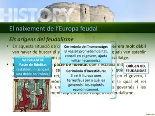 El naixement de l‘Europa feudal 
Els orígens del feudalisme 
• En aquesta situació de crisi, el poder dels monarques era molt dèbil 
Cerimònia de l’homenatge: 
El vassall prometia fidelitat, 
consell en el govern, ajuda 
van haver de buscar el suport dels nobles, amb els quals van establir 
un sistema de relacions personals conegut com a vassallatge. 
VASSALLATGE 
Pacte de fidelitat 
(establert mitjançant 
una doble cerimònia) 
militar i econòmica. 
• El vassallatge era un pacte de fidelitat que s'establia mitjançant una 
doble cerimònia: la cerimònia Cerimònia d'homenatge, d’investidura: 
en què el vassall, 
agenollat davant del rei, li prometia El rei li lliurava fidelitat, unes 
consell en el govern, i 
ajuda militar i econòmica; terres(i la feu) d'investidura, per a què les 
en la qual el rei 
entregava al vassall unes terres governés (feu) i les explotés 
perquè les governés i les 
econòmicament. 
explotés econòmicament. Aquest va ser l'origen del feudalisme. 
ORÍGEN DEL 
FEUDALISME 
 