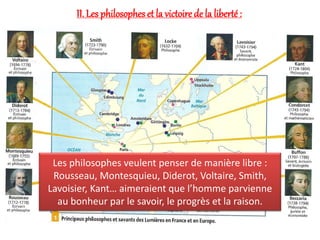 II. Les philosophes et la victoire de la liberté :
Les philosophes veulent penser de manière libre :
Rousseau, Montesquieu, Diderot, Voltaire, Smith,
Lavoisier, Kant… aimeraient que l’homme parvienne
au bonheur par le savoir, le progrès et la raison.
 