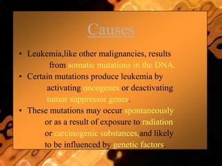 Causes
• Leukemia,like other malignancies, results
from somatic mutations in the DNA.
• Certain mutations produce leukemia by
activating oncogenes or deactivating
tumor suppressor genes.
• These mutations may occur spontaneously
or as a result of exposure to radiation
or carcinogenic substances,and likely
to be influenced by genetic factors.
 