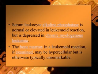 • Serum leukocyte alkaline phosphatase is
normal or elevated in leukemoid reaction,
but is depressed in chronic myelogenous
leukemia.
• The bone marrow in a leukemoid reaction,
if examined, may be hypercellular but is
otherwise typically unremarkable.
 