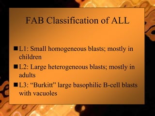 FAB Classification of ALL
L1: Small homogeneous blasts; mostly in
children
L2: Large heterogeneous blasts; mostly in
adults
L3: “Burkitt” large basophilic B-cell blasts
with vacuoles
 