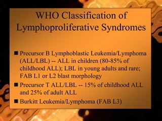 WHO Classification of
Lymphoproliferative Syndromes
 Precursor B Lymphoblastic Leukemia/Lymphoma
(ALL/LBL) -- ALL in children (80-85% of
childhood ALL); LBL in young adults and rare;
FAB L1 or L2 blast morphology
 Precursor T ALL/LBL -- 15% of childhood ALL
and 25% of adult ALL
 Burkitt Leukemia/Lymphoma (FAB L3)
 
