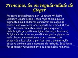Princípio, lei ou regularidade de
Gloger
Proposta originalmente por Constant Wilhelm
Lambert Gloger (1883), essa rega afirma que os
pigmentos mais obscuros aumentam em raças de
animais que vivem em locais quentes e úmidos. (Essa
regra frequentemente é usada para explicar a
distribuição geográfica original das raças humanas).
Originalmente, essa regra afirmou que os pigmentos
mais obscuros aumentaram com o aumento da
exposição a luz solar, e por isso, que a pigmentação
obscura diminua com o aumento da latitude. Essa ideia
foi aplicada frequentemente as populações humanas.

 