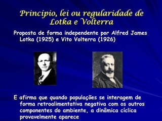 Princípio, lei ou regularidade de
Lotka e Volterra
Proposta de forma independente por Alfred James
Lotka (1925) e Vito Volterra (1926)

E afirma que quando populações se interagem de
forma retroalimentativa negativa com os outros
componentes do ambiente, a dinâmica cíclica
provavelmente aparece

 