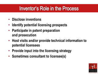 • Disclose inventions
• Identify potential licensing prospects
• Participate in patent preparation
  and prosecution
• Host visits and/or provide technical information to
  potential licensees
• Provide input into the licensing strategy
• Sometimes consultant to licensee(s)
 
