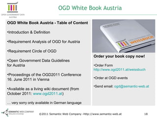 ©2011 Semantic Web Company -http://www.semantic-web.at OGD White Book Austria OGD White Book Austria - Table of Content Introduction & Definition Requirement Analysis of OGD for Austria Requirement Circle of OGD Open Government Data Guidelines  for Austria Proceedings of the OGD2011 Conference  16. June 2011 in Vienna Available as a living wiki document (from October 2011:  www.ogd2011.at )  …  very sorry only available in German language Order your book copy now! Order Form  http://www.ogd2011.at/weissbuch Order at OGD events Send email:  [email_address] 
