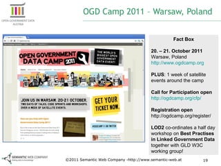 OGD Camp 2011 – Warsaw, Poland ©2011 Semantic Web Company -http://www.semantic-web.at Fact Box 20. – 21. October 2011   Warsaw, Poland http://www.ogdcamp.org   PLUS : 1 week of satellite events around the camp Call for Participation open http://ogdcamp.org/cfp/   Registration open http://ogdcamp.org/register/ LOD2  co-ordinates a half day workshop on  Best Practises in Linked Government Data  together with GLD W3C working group! 