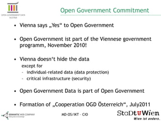 Open Government Commitment Vienna says „Yes“ to Open Government Open Government ist part of the Viennese government programm, November 2010! Vienna doesn‘t hide the data except for  individual-related data (data protection) critical infrastructure (security) Open Government Data is part of Open Government Formation of „Cooperation OGD Österreich“, July2011 MD-OS/IKT – CIO 