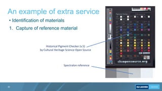 An example of extra service
30
• Identification of materials
1. Capture of reference material
Spectralon reference
Histori...