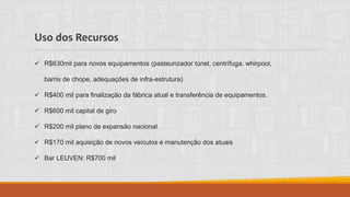 Uso dos Recursos
✓ R$630mil para novos equipamentos (pasteurizador túnel, centrífuga, whirpool,
barris de chope, adequações de infra-estrutura)
✓ R$400 mil para finalização da fábrica atual e transferência de equipamentos.
✓ R$600 mil capital de giro
✓ R$200 mil plano de expansão nacional
✓ R$170 mil aquisição de novos veículos e manutenção dos atuais
✓ Bar LEUVEN: R$700 mil
 