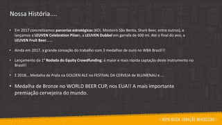 Nossa História....
• Em 2017 concretizamos parcerias estratégicas (KOI, Mosteiro São Bento, Shark Beer, entre outros), e
lançamos a LEUVEN Celebration Pilsen, a LEUVEN Dubbel em garrafa de 600 ml. Até o final do ano, a
LEUVEN Fruit Beer......
• Ainda em 2017, a grande coroação do trabalho com 3 medalhas de ouro no WBA Brazil!!!
• Lançamento da 1° Rodada do Equity Crowdfunding: á maior e mais rápida captação deste instrumento no
Brasil!!
• E 2018....Medalha de Prata na GOLDEN ALE no FESTIVAL DA CERVEJA de BLUMENAU e....
• Medalha de Bronze no WORLD BEER CUP, nos EUA!! A mais importante
premiação cervejeira do mundo.
 