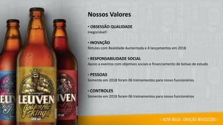 Nossos Valores
• OBSESSÃO QUALIDADE
Inegociável!
• INOVAÇÃO
Rótulos com Realidade Aumentada e 4 lançamentos em 2018
• RESPONSABILIDADE SOCIAL
Apoio a eventos com objetivos sociais e financiamento de bolsas de estudo
• PESSOAS
Somente em 2018 foram 06 treinamentos para nosso funcionários
• CONTROLES
Somente em 2018 foram 06 treinamentos para nosso funcionários
 
