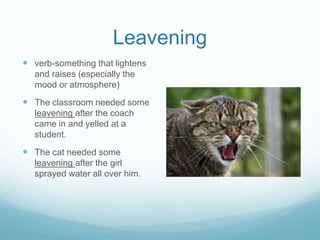 Leavening 
 verb-something that lightens 
and raises (especially the 
mood or atmosphere) 
 The classroom needed some 
leavening after the coach 
came in and yelled at a 
student. 
 The cat needed some 
leavening after the girl 
sprayed water all over him. 
 
