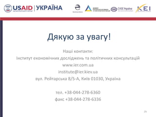 Дякую за увагу!
Наші контакти:
Інститут економічних досліджень та політичних консультацій
www.ier.com.ua
institute@ier.kiev.ua
вул. Рейтарська 8/5-А, Київ 01030, Україна
тел. +38-044-278-6360
факс +38-044-278-6336
29
 