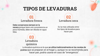 TIPOS DE LEVADURAS
La levadura química es la que se utiliza tradicionalmente en las recetas de
postres que se preparan en el hogar y, aunque no se recomienda para
hacer pan, podría usarse en caso de “emergencia”.
Debe conservarse siempre en la
nevera porque tiene una consistencia un
poco húmeda, debe ser diluida en agua
tibia.
Es la más utilizada entre
los tipos de levadura para
hacer pan.
01
03
02
Levadura fresca Levadura seca
Levadura
quimica
 