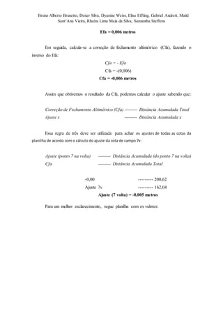 Bruno Alberto Brunetto, Dener Silva, Dyanine Weiss, Elisa Effting, Gabriel Andrett, Maitê 
Sant’Ana Vieira, Rhaíza Lima Maia da Silva, Samantha Steffens 
Efa = 0,006 metros 
Em seguida, calcula-se a correção de fechamento altimétrico (Cfa), fazendo o 
inverso do Efa: 
Cfa = - Efa 
Cfa = -(0,006) 
Cfa = -0,006 metros 
Assim que obtivemos o resultado da Cfa, podemos calcular o ajuste sabendo que: 
Correção de Fechamento Altimétrico (Cfa) --------- Distância Acumulada Total 
Ajuste x --------- Distância Acumulada x 
Essa regra de três deve ser utilizada para achar os ajustes de todas as cotas da 
planilha de acordo com o cálculo do ajuste da cota de campo 7v: 
Ajuste (ponto 7 na volta) --------- Distância Acumulada (do ponto 7 na volta) 
Cfa --------- Distância Acumulada Total 
-0,00 --------- 200,62 
Ajuste 7v --------- 162,04 
Ajuste (7 volta) = -0,005 metros 
Para um melhor esclarecimento, segue planilha com os valores: 
 