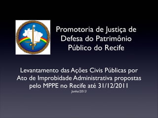 Promotoria de Justiça de
Defesa do Patrimônio
Público do Recife
Levantamento das Ações Civis Públicas por
Ato de Improbidade Administrativa propostas
pelo MPPE no Recife até 31/12/2011
Junho/2013
 