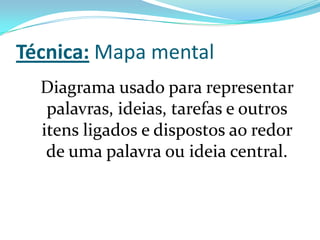 Técnica: Mapa mental
Diagrama usado para representar
palavras, ideias, tarefas e outros
itens ligados e dispostos ao redor
de uma palavra ou ideia central.
 