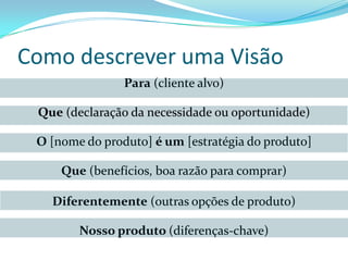 Como descrever uma Visão
Para (cliente alvo)
Que (declaração da necessidade ou oportunidade)
O [nome do produto] é um [estratégia do produto]
Que (benefícios, boa razão para comprar)
Diferentemente (outras opções de produto)
Nosso produto (diferenças-chave)
 