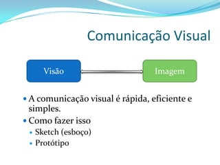 Comunicação Visual
Visão Imagem
 A comunicação visual é rápida, eficiente e
simples.
 Como fazer isso
 Sketch (esboço)
 Protótipo
 