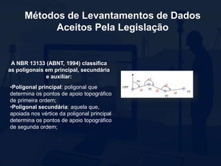 Métodos de Levantamentos de Dados
Aceitos Pela Legislação
A NBR 13133 (ABNT, 1994) classifica
as poligonais em principal, secundária
e auxiliar:
•Poligonal principal: poligonal que
determina os pontos de apoio topográfico
de primeira ordem;
•Poligonal secundária: aquela que,
apoiada nos vértice da poligonal principal
determina os pontos de apoio topográfico
de segunda ordem;
 