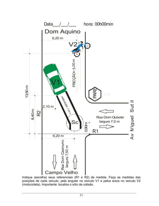 Data___/___/___                                      hora: 00h00min
                         Dom Aquino
                             6,20 m

                                                 V2



                                                      FRICÇÃO= 5,00 m

                            V1
  13 m




                                                                                     PARE
    ,50




                                 FR
                                   EN




                                                                                                          Av Miguel Sut il
                                      AG
                                         EM




                        2,10 m
                                           =7
          8,40 m




                                              ,50
                   R2




                                                  m




                                                                                        Rua Dom Quixote
                                                      Sc                                 largura 7,0 m
                                                                             0,90m




                                                                                     R1
                             6,20 m
                                  Rua Dom Casmurro
                                   largura 7,50 m




                         Campo Velho
Indique (escolha) seus referenciais (R1 e R2) de medida. Faça as medidas das
posições de cada veículo, pela angular no veículo V1 e pelos eixos no veículo V2
(motocicleta). Importante: localize o sítio de colisão.


                                                                        21
 