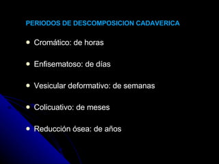 PERIODOS DE DESCOMPOSICION CADAVERICA Cromático: de horas Enfisematoso: de días Vesicular deformativo: de semanas Colicuativo: de meses Reducción ósea: de años 