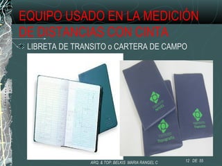 EQUIPO USADO EN LA MEDICIÓN
DE DISTANCIAS CON CINTA
LIBRETA DE TRANSITO o CARTERA DE CAMPO
12 DE 55ARQ. & TOP: BELKIS MARIA RANGEL C
 