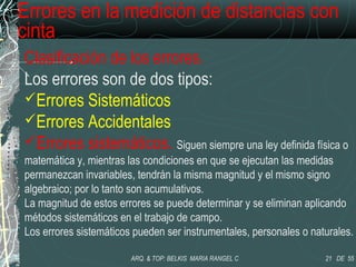 Errores en la medición de distancias con
cinta
Clasificación de los errores.
Los errores son de dos tipos:
Errores Sistemáticos
Errores Accidentales
Errores sistemáticos. Siguen siempre una ley definida física o
matemática y, mientras las condiciones en que se ejecutan las medidas
permanezcan invariables, tendrán la misma magnitud y el mismo signo
algebraico; por lo tanto son acumulativos.
La magnitud de estos errores se puede determinar y se eliminan aplicando
métodos sistemáticos en el trabajo de campo.
Los errores sistemáticos pueden ser instrumentales, personales o naturales.
21 DE 55ARQ. & TOP: BELKIS MARIA RANGEL C
 
