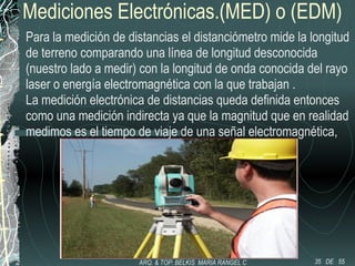 Mediciones Electrónicas.(MED) o (EDM)
Para la medición de distancias el distanciómetro mide la longitud
de terreno comparando una línea de longitud desconocida
(nuestro lado a medir) con la longitud de onda conocida del rayo
laser o energía electromagnética con la que trabajan .
La medición electrónica de distancias queda definida entonces
como una medición indirecta ya que la magnitud que en realidad
medimos es el tiempo de viaje de una señal electromagnética,
35 DE 55ARQ. & TOP: BELKIS MARIA RANGEL C
 