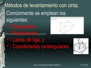 Métodos de levantamiento con cinta.
Comúnmente se emplean los
siguientes:
 Diagonales,
 Radiaciones,
 Lados de liga, y
 Coordenadas rectangulares.
46 DE 55ARQ. & TOP: BELKIS MARIA RANGEL C
 