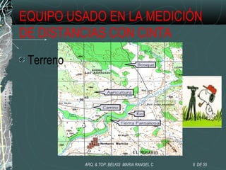 EQUIPO USADO EN LA MEDICIÓN
DE DISTANCIAS CON CINTA
Terreno
8 DE 55ARQ. & TOP: BELKIS MARIA RANGEL C
 