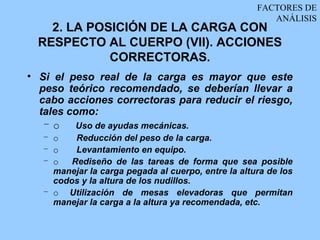 FACTORES DE
                                                        ANÁLISIS
    2. LA POSICIÓN DE LA CARGA CON
  RESPECTO AL CUERPO (VII). ACCIONES
             CORRECTORAS.
• Si el peso real de la carga es mayor que este
  peso teórico recomendado, se deberían llevar a
  cabo acciones correctoras para reducir el riesgo,
  tales como:
   –o    Uso de ayudas mecánicas.
   – o    Reducción del peso de la carga.
   – o    Levantamiento en equipo.
   – o   Rediseño de las tareas de forma que sea posible
     manejar la carga pegada al cuerpo, entre la altura de los
     codos y la altura de los nudillos.
   – o Utilización de mesas elevadoras que permitan
     manejar la carga a la altura ya recomendada, etc.
 