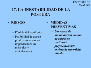 FACTORES DE
                                                   ANÁLISIS
 17. LA INESTABILIDAD DE LA
           POSTURA
• RIESGO                      • MEDIDAS
                                PREVENTIVAS
  – Pérdida del equilibrio.     – Las tareas de
  – Posibilidad de que se         manipulación manual
                                  de cargas se
    produzcan tensiones
                                  realizarán
    impredecibles en
                                  preferentemente
    músculos y
                                  encima de superficies
    articulaciones.
                                  estable.
 