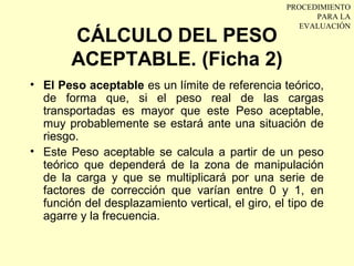 PROCEDIMIENTO
                                                        PARA LA
                                                     EVALUACIÓN
        CÁLCULO DEL PESO
        ACEPTABLE. (Ficha 2)
• El Peso aceptable es un límite de referencia teórico,
  de forma que, si el peso real de las cargas
  transportadas es mayor que este Peso aceptable,
  muy probablemente se estará ante una situación de
  riesgo.
• Este Peso aceptable se calcula a partir de un peso
  teórico que dependerá de la zona de manipulación
  de la carga y que se multiplicará por una serie de
  factores de corrección que varían entre 0 y 1, en
  función del desplazamiento vertical, el giro, el tipo de
  agarre y la frecuencia.
 