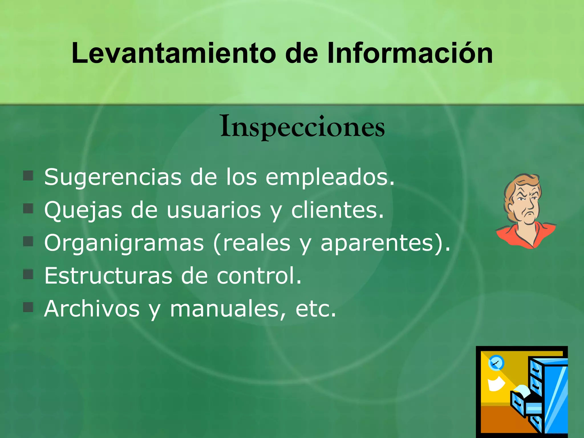 Levantamiento de Información

                  Inspecciones
   Sugerencias de los empleados.
   Quejas de usuarios y clientes.
   Organigramas (reales y aparentes).
   Estructuras de control.
   Archivos y manuales, etc.
 