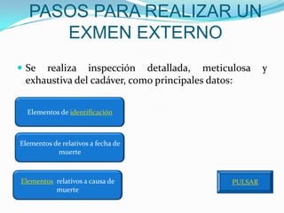 PASOS PARA REALIZAR UN
      EXMEN EXTERNO
 Se realiza inspección detallada, meticulosa        y
 exhaustiva del cadáver, como principales datos:


  Elementos de identificación



Elementos de relativos a fecha de
           muerte



Elementos relativos a causa de              PULSAR
          muerte
 